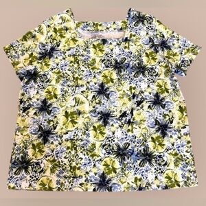 Coral Bay Floral Top Size 2X Square Neck Green, Blue & White